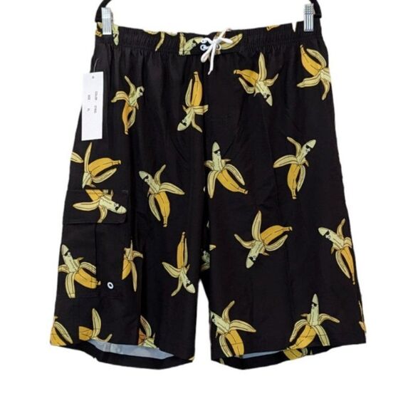 Rejork Mens Size XL Black Banana Print Elastic Waist Swimwear Board Shorts - Picture 1 of 9